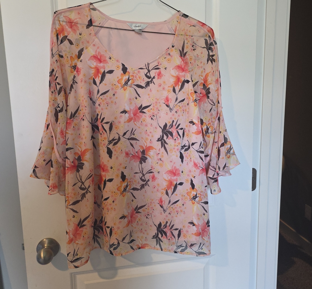 CJ Banks Pink Floral V-Neck Blouse with Flutter Sleeves